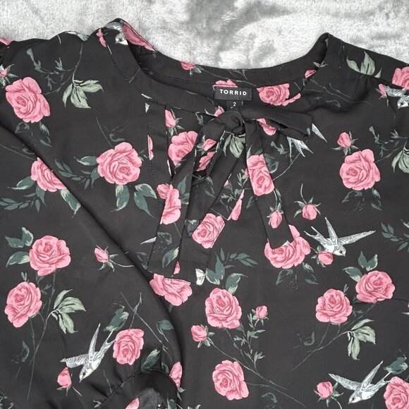 Torrid Tops - Torrid 2 Top 2X Black Floral Georgette Bow Tie Blouse Birds Sheer Romantic Boho